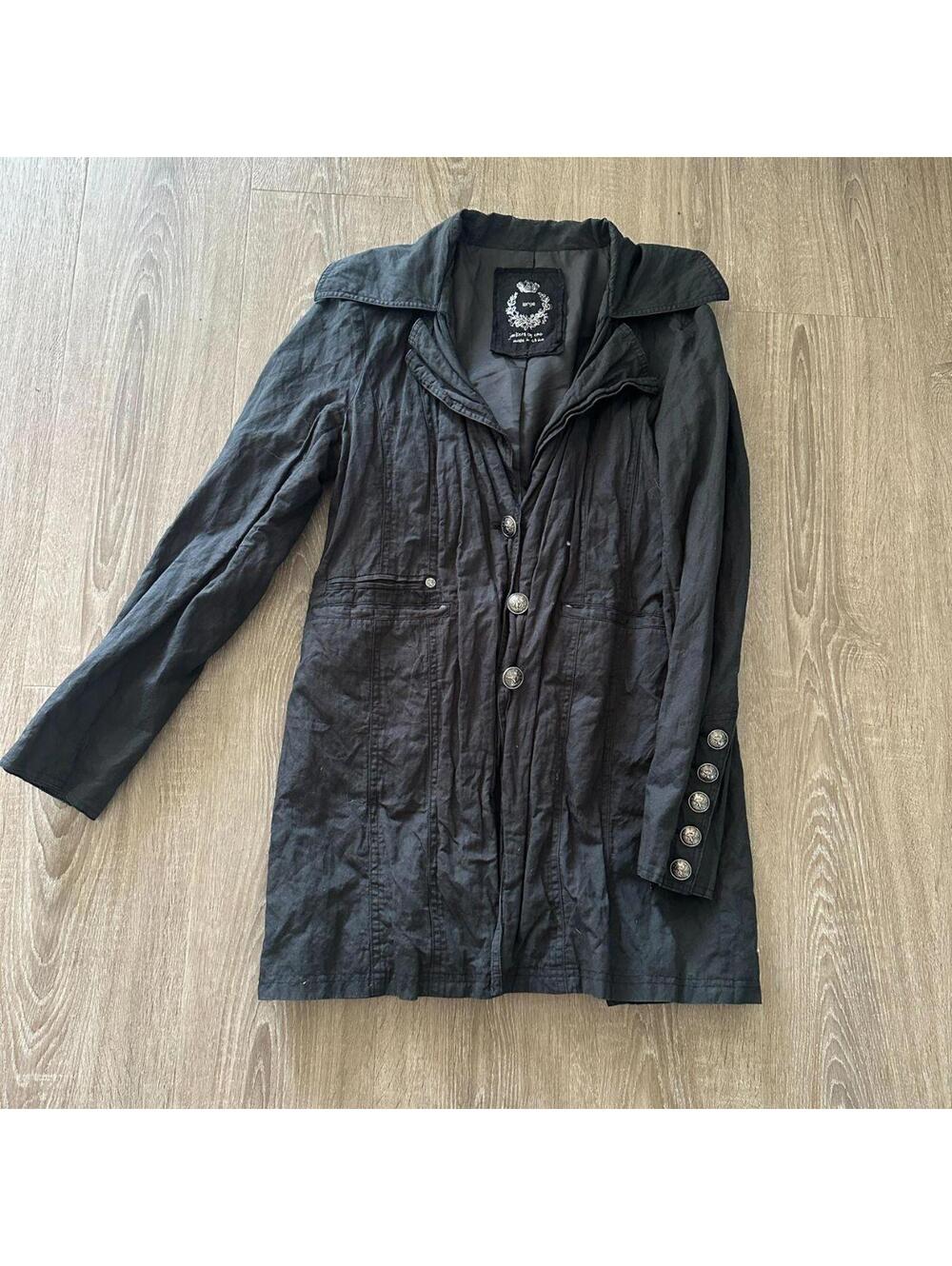 American Vintage Black Long Trench Coat with Decorative Buttons